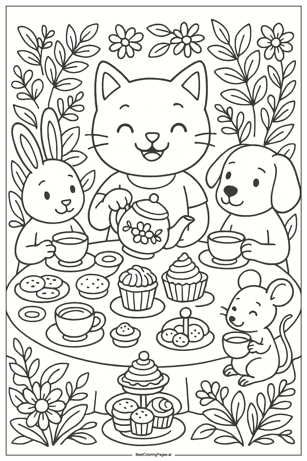 Cat tea party Coloring Page