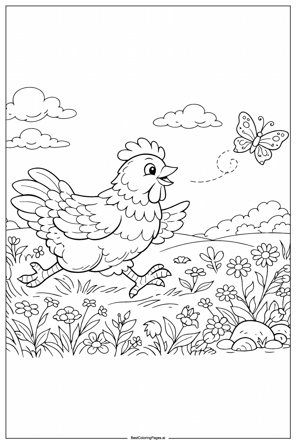 Dibujos de Gallina persiguiendo a una mariposa para Colorear