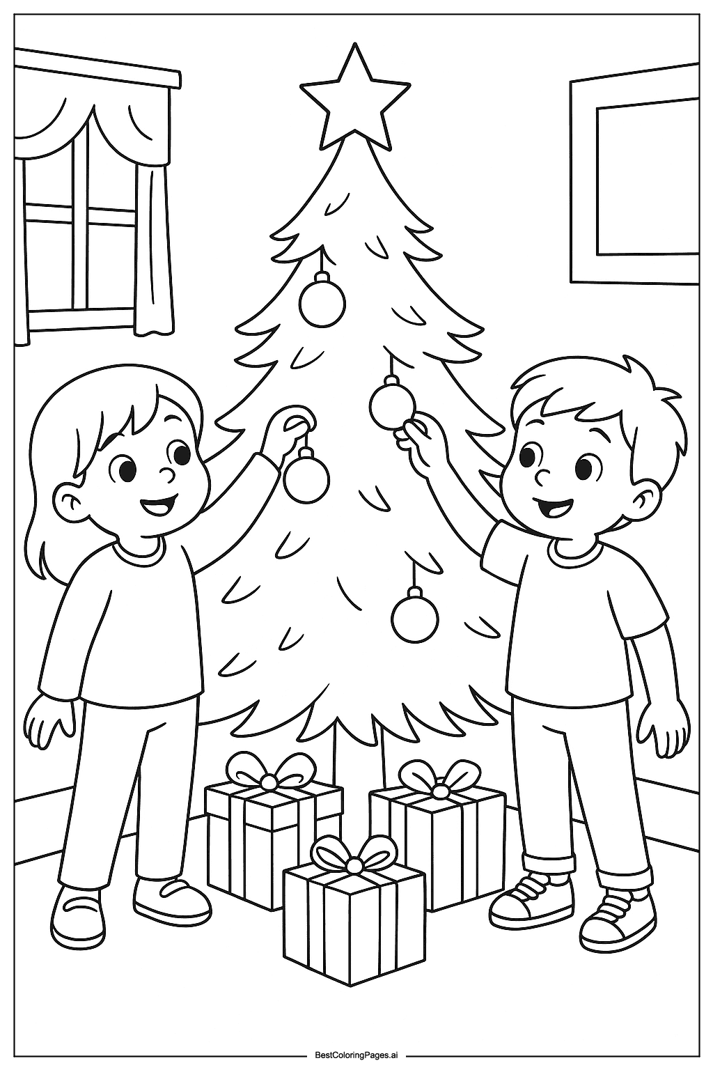 Children decorating Christmas tree Coloring Page