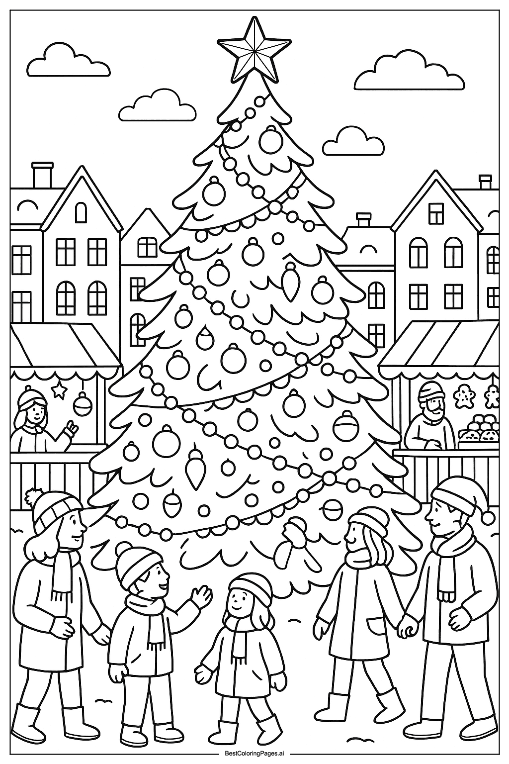 Christmas tree at town square Coloring Page