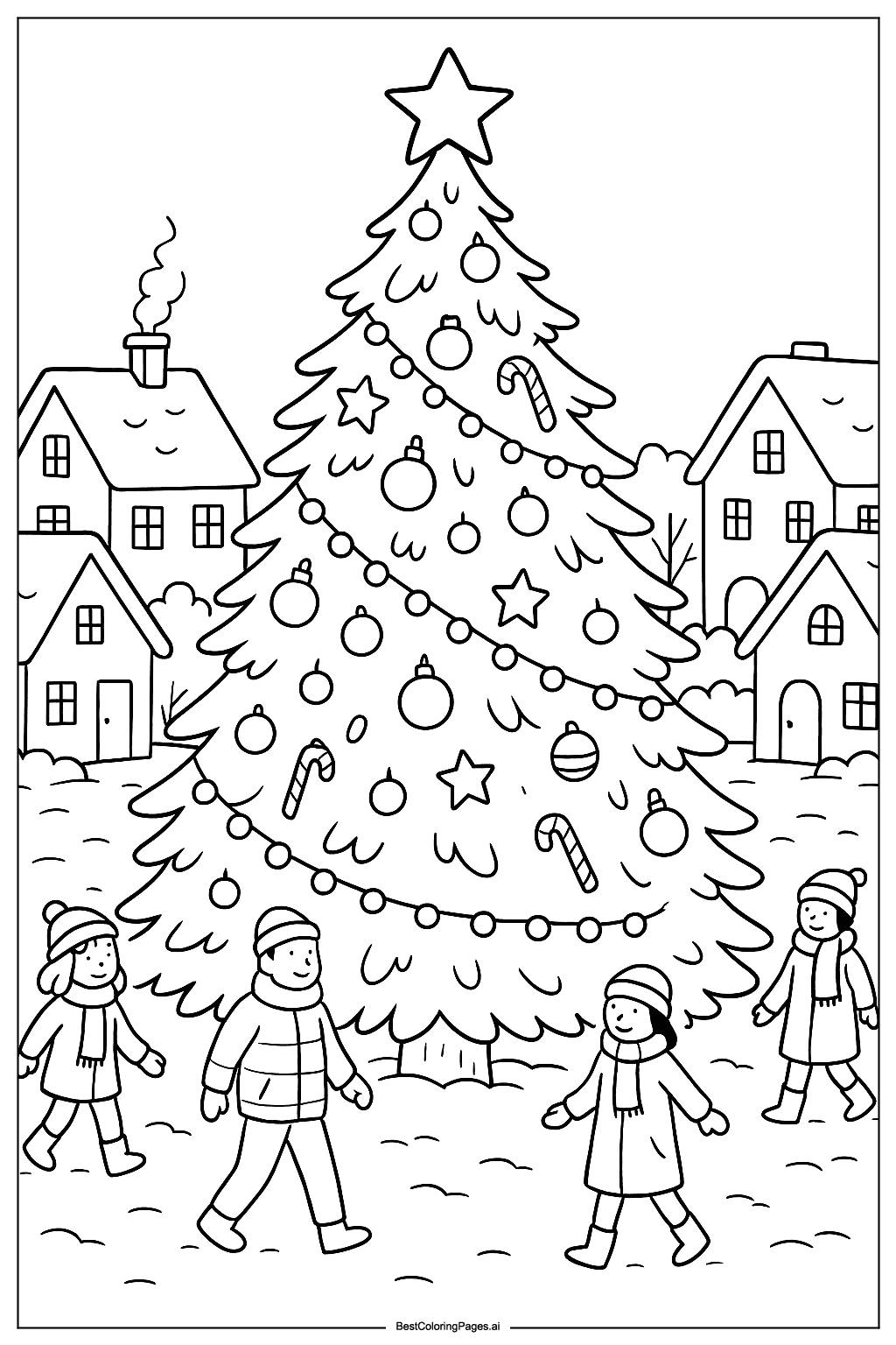 Christmas tree in snowy village Coloring Page