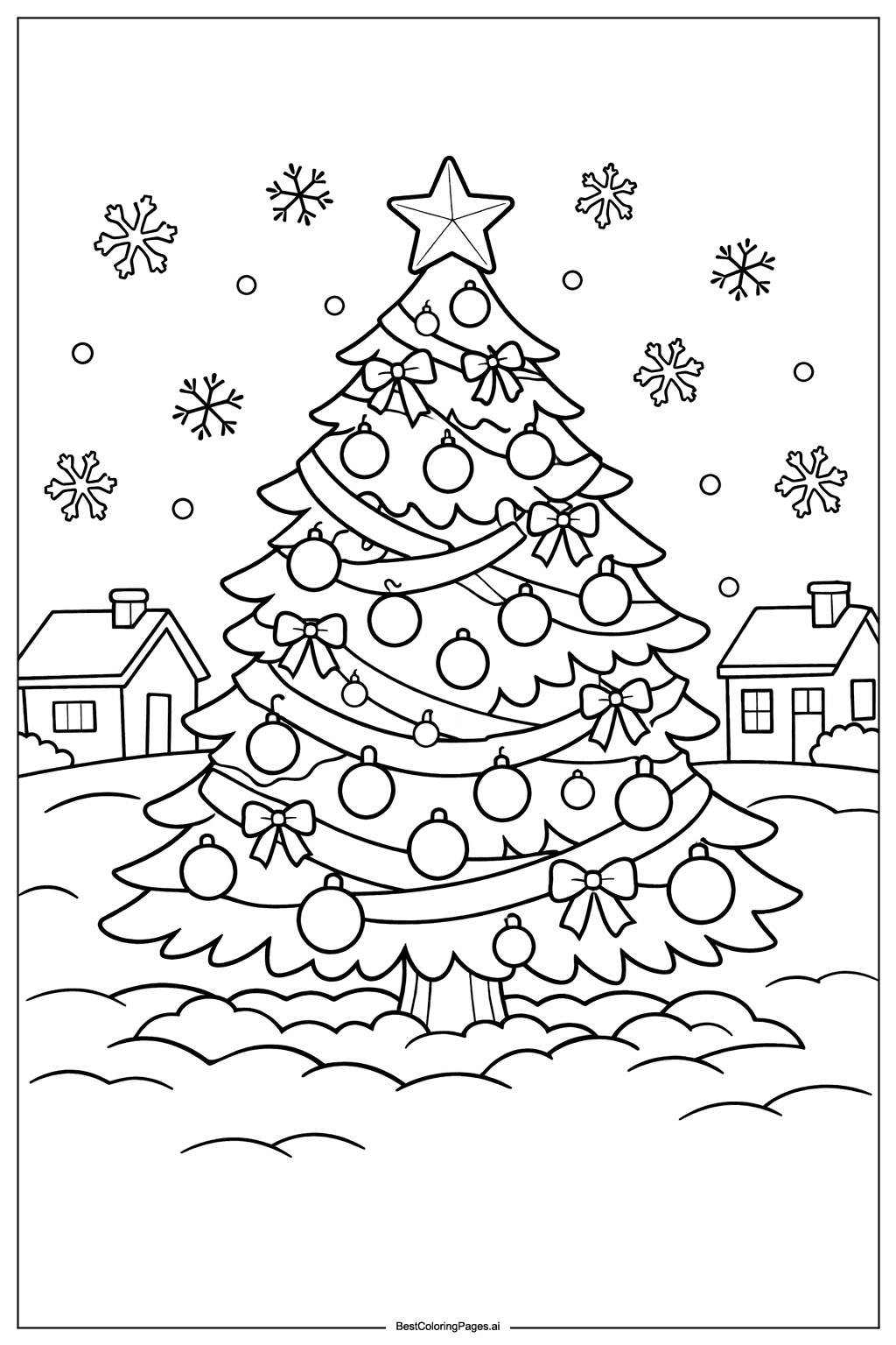 Christmas tree in snowy yard Coloring Page