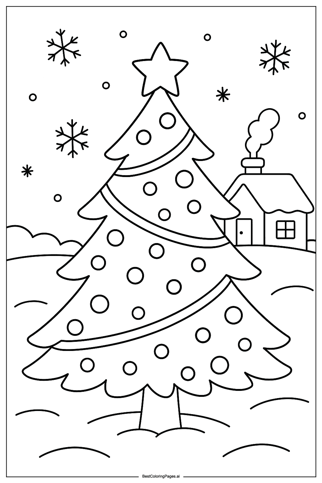 Christmas tree in snowy yard Coloring Page