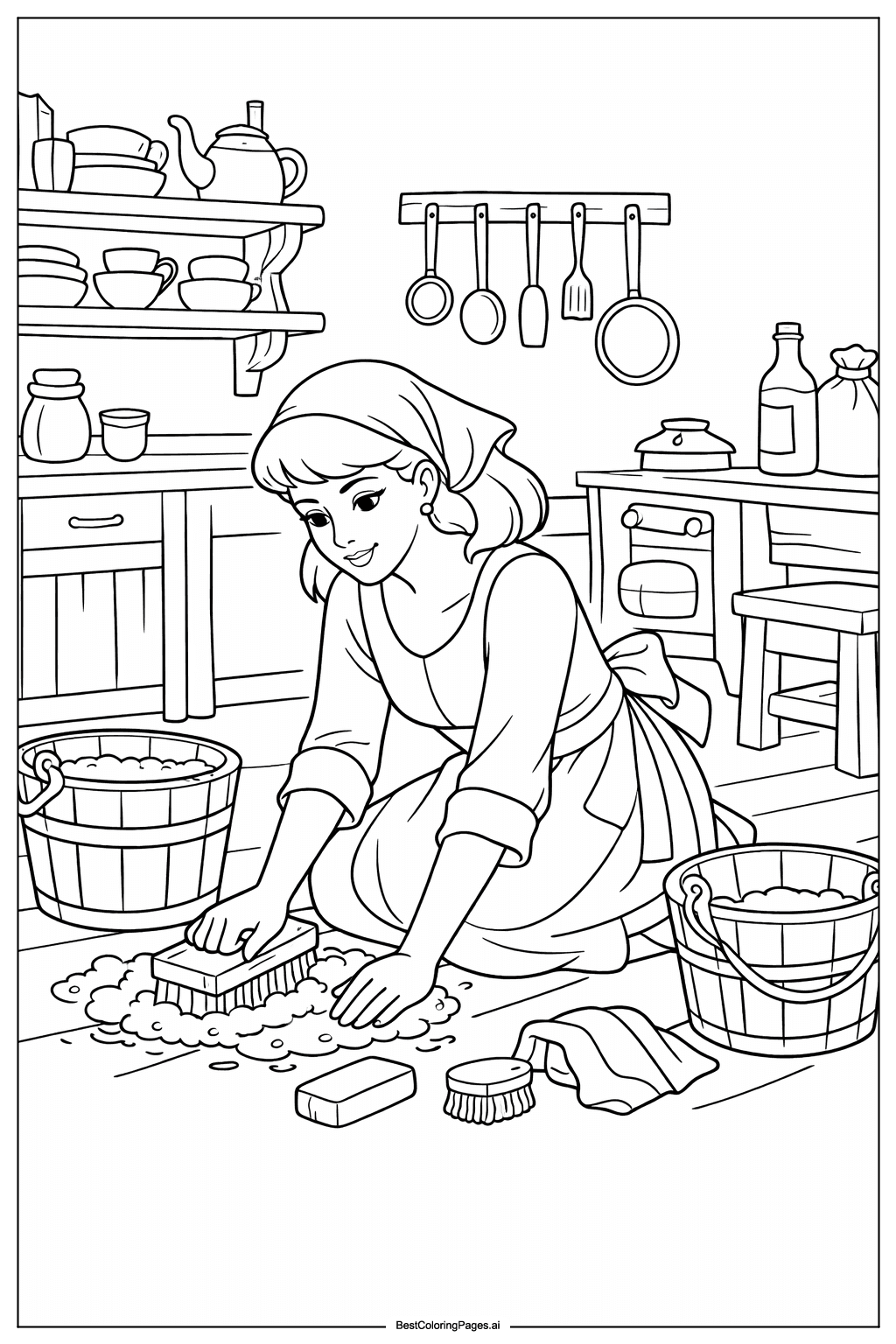 Desenhos de Cinderela Limpando a Cozinha para Colorir
