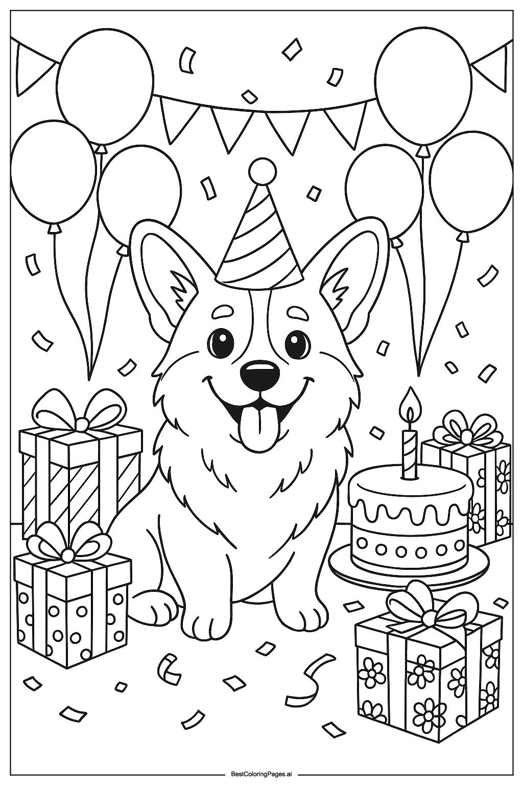 Corgi at birthday party Coloring Page