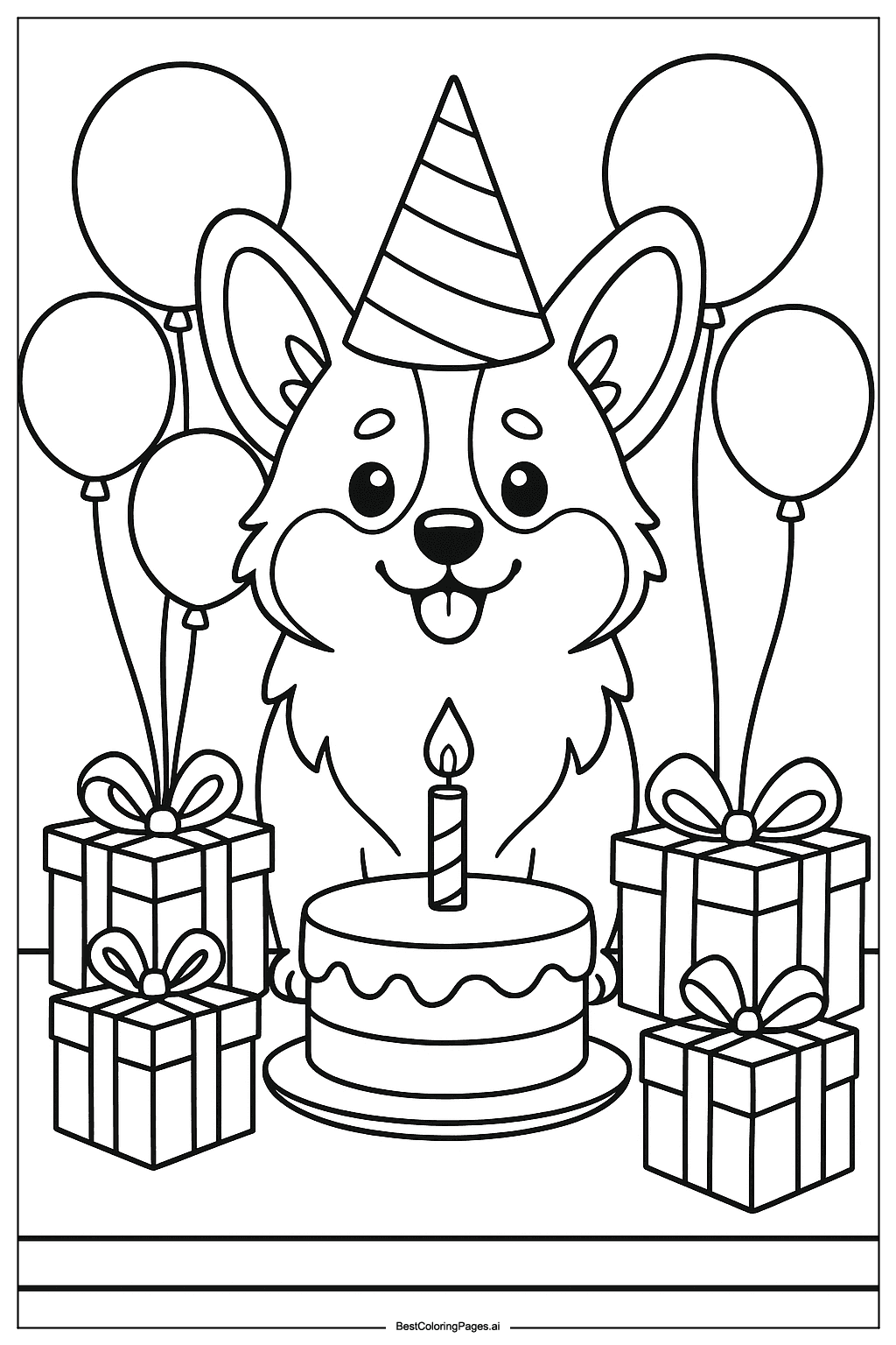 Corgi at birthday party Coloring Page
