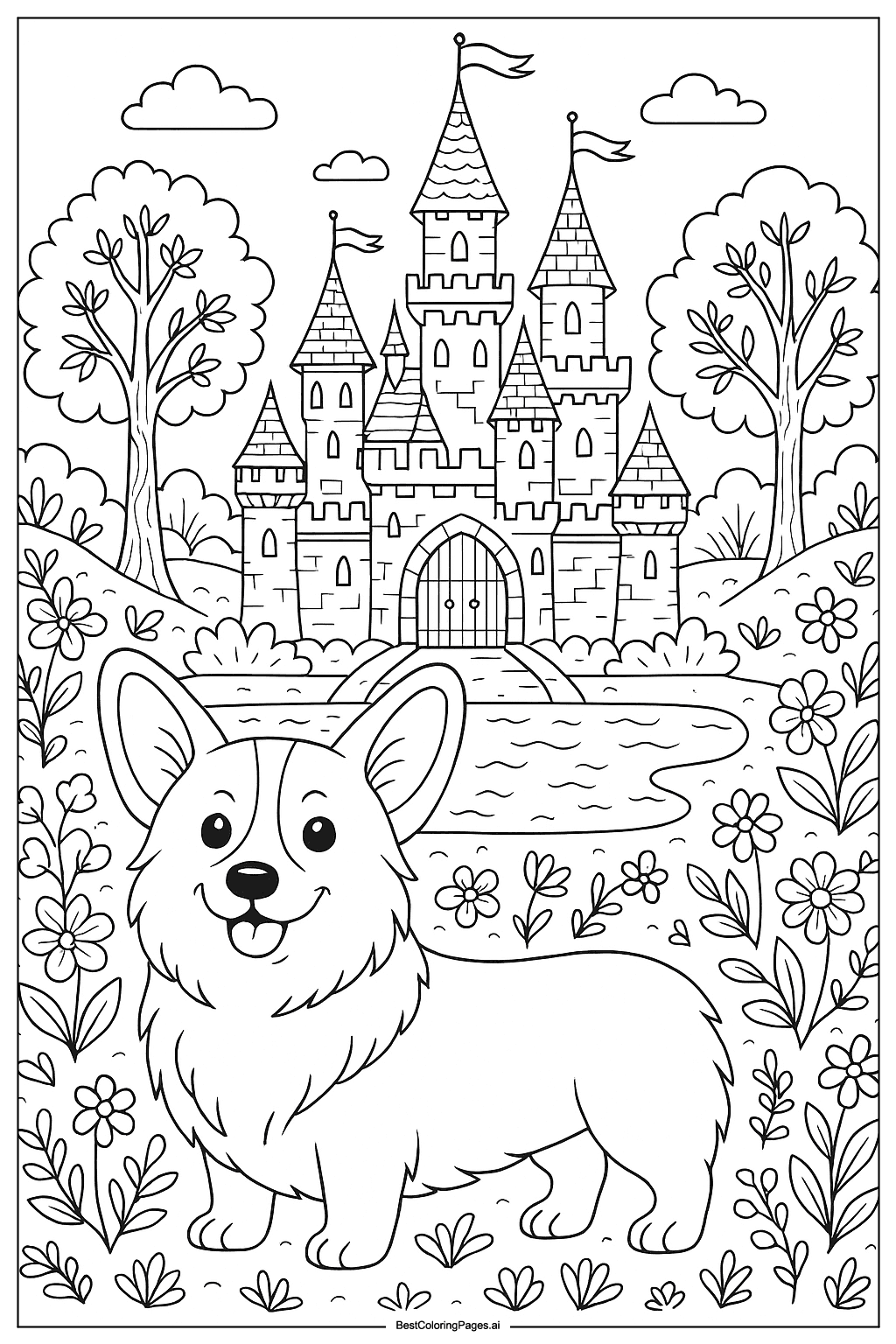 Corgi in a fairytale castle Coloring Page