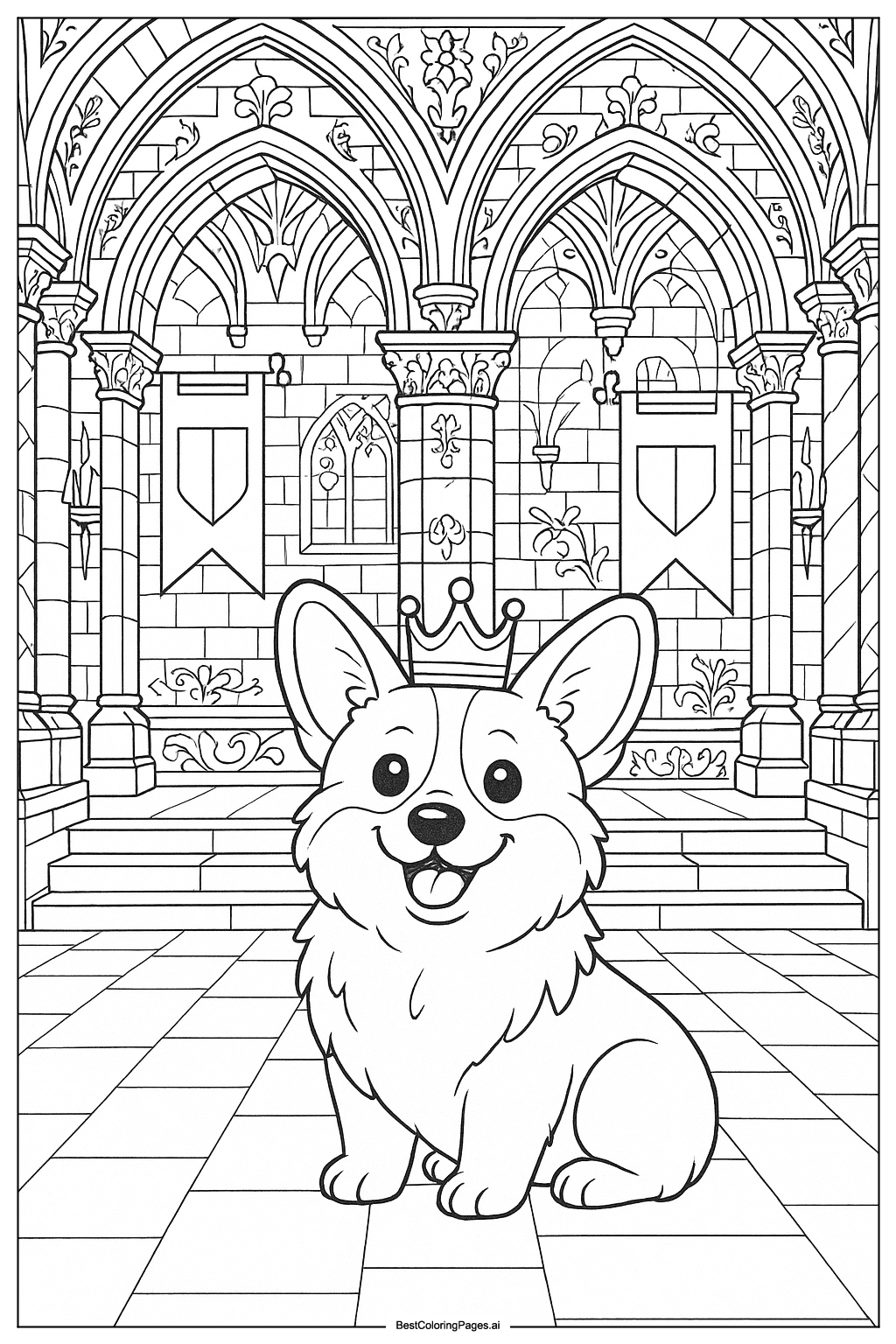 Corgi in a fantasy castle Coloring Page