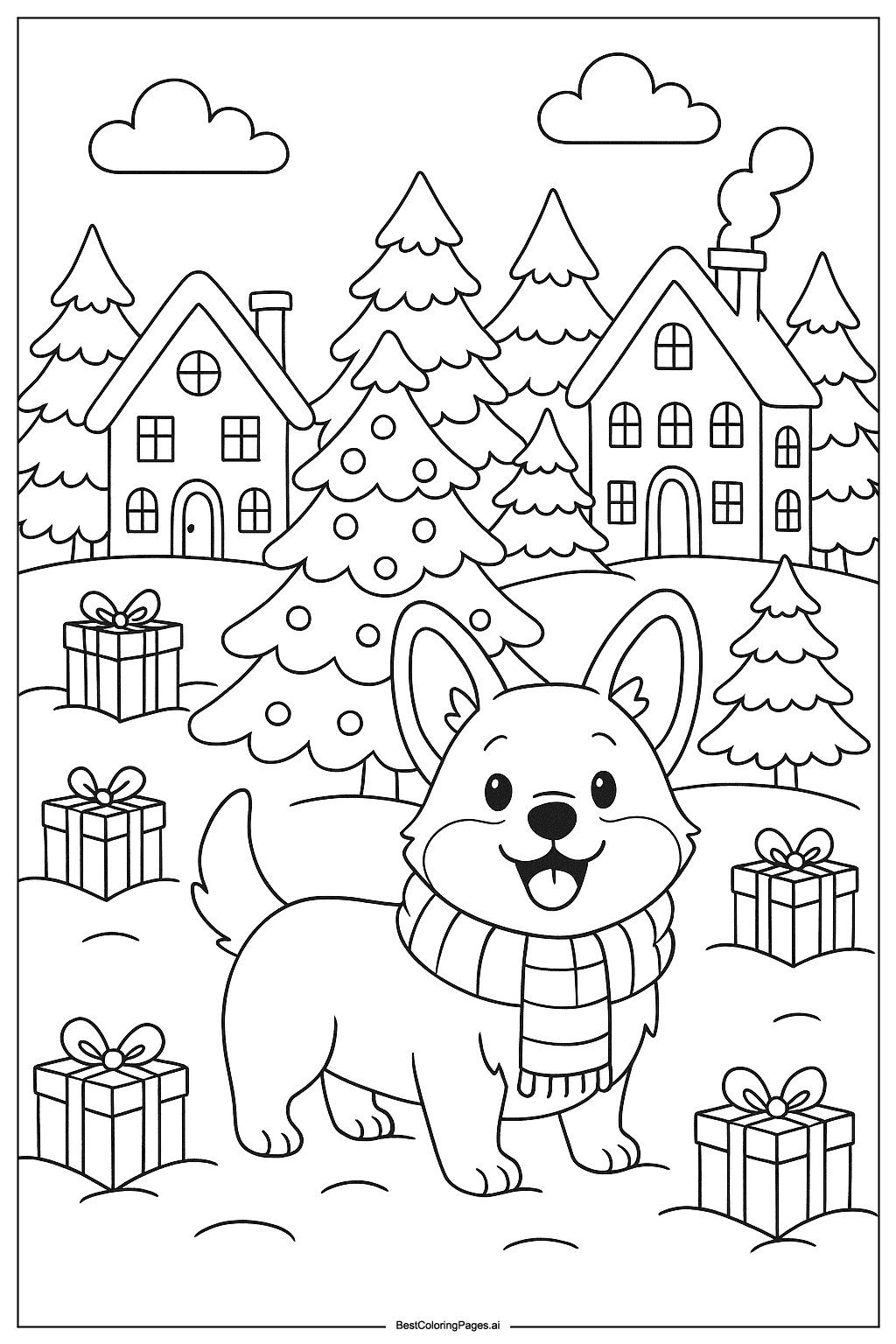 Corgi in Christmas village Coloring Page