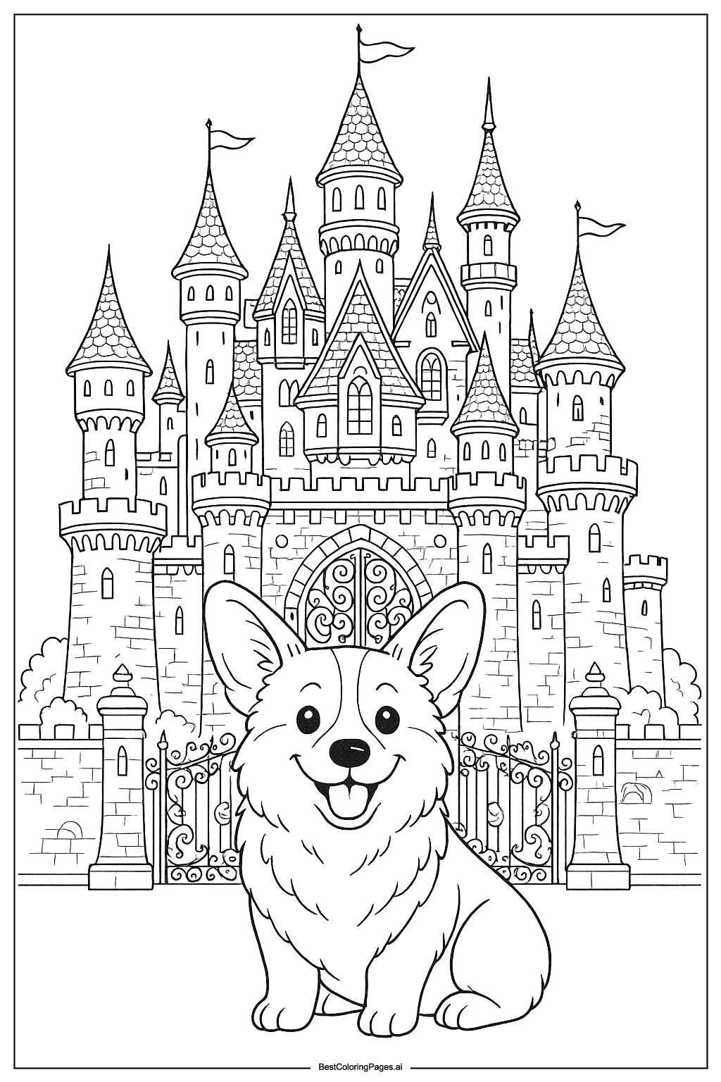 Corgi in fairy tale castle Coloring Page