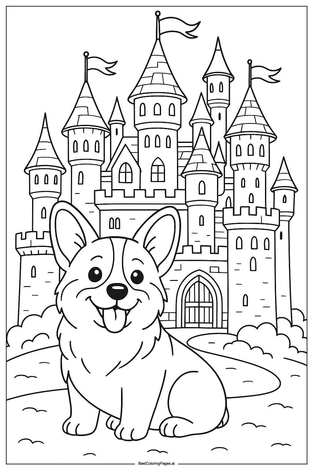 Corgi in fairytale castle Coloring Page