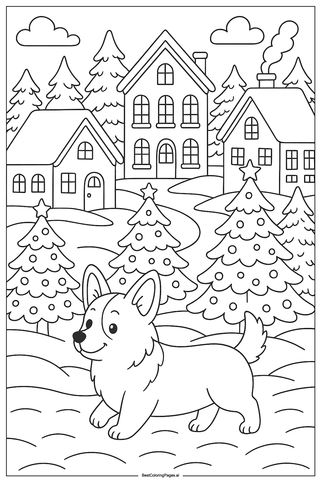Corgi in winter village Coloring Page