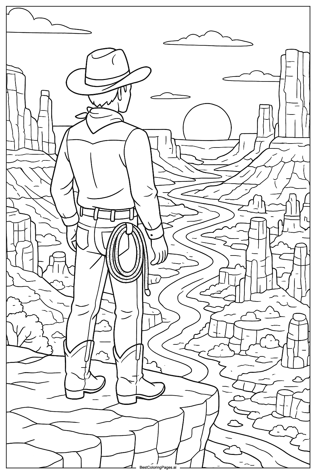 Cowboy and sunset canyon Coloring Page