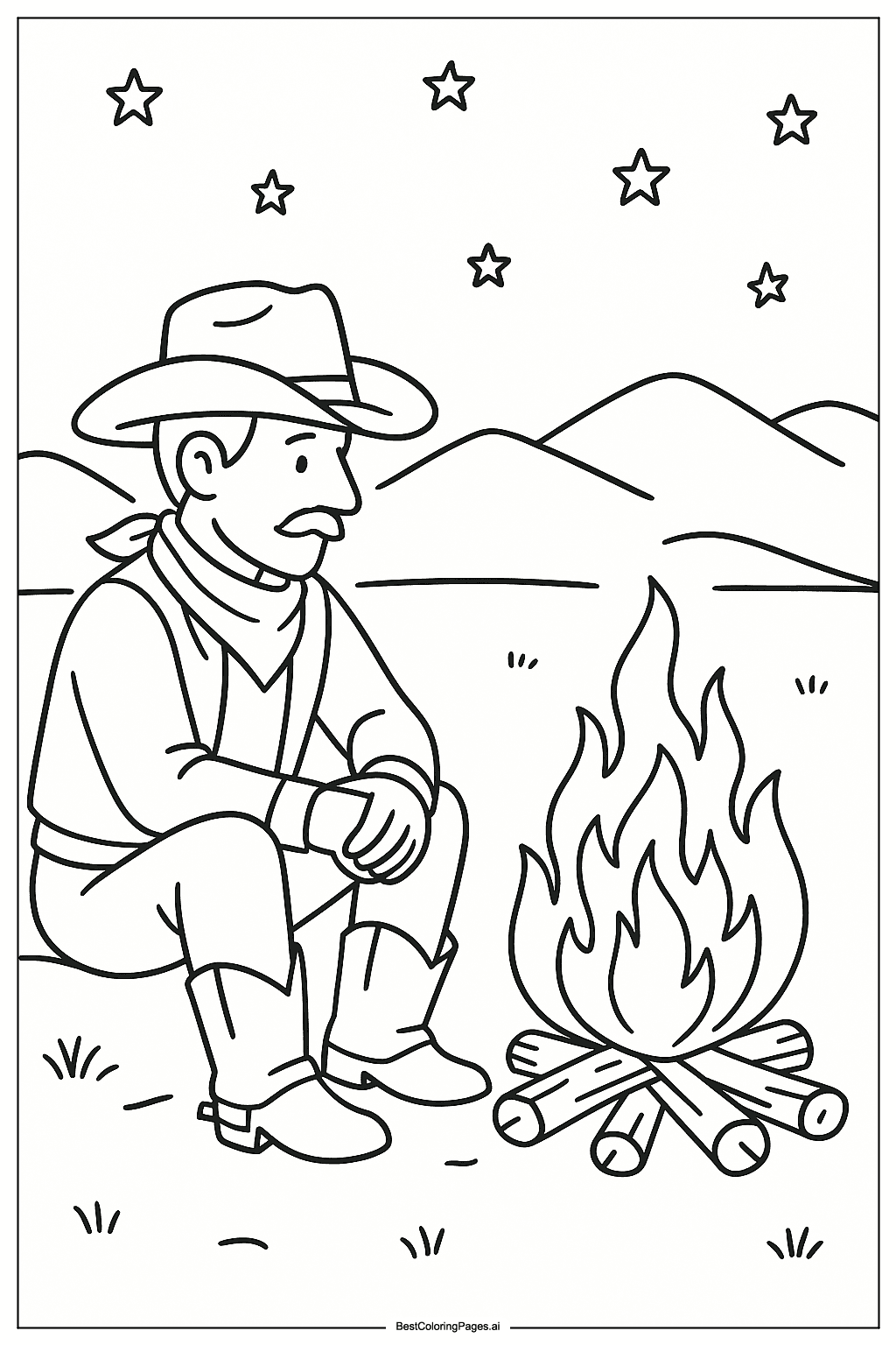 Cowboy at a campfire Coloring Page