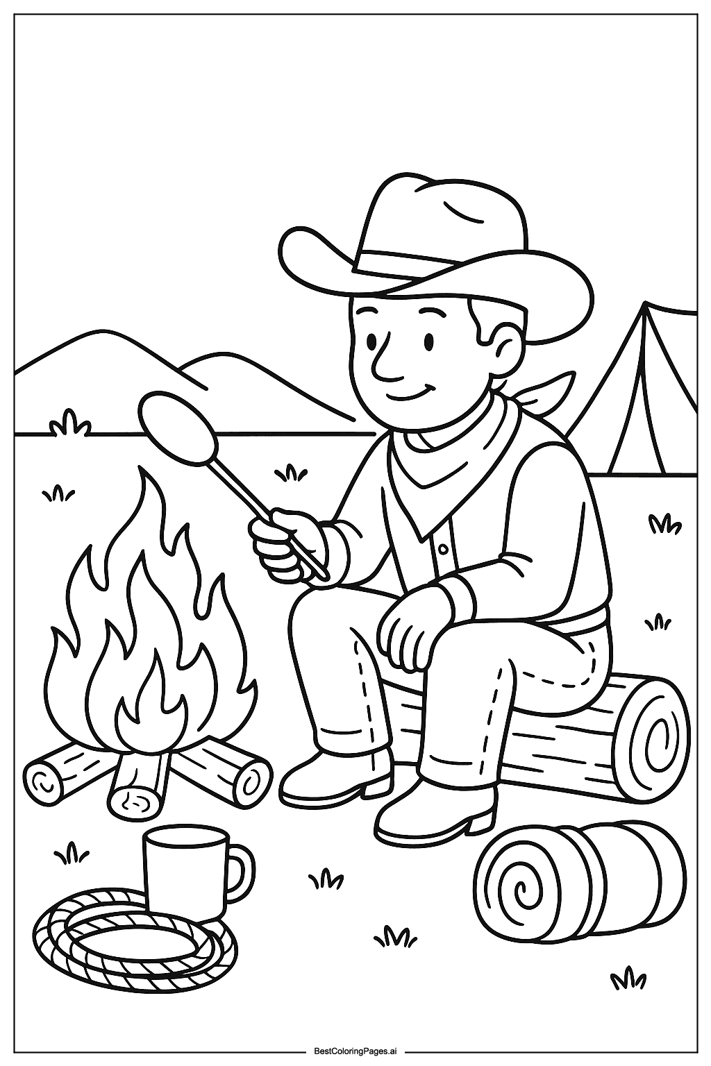Cowboy at campfire Coloring Page
