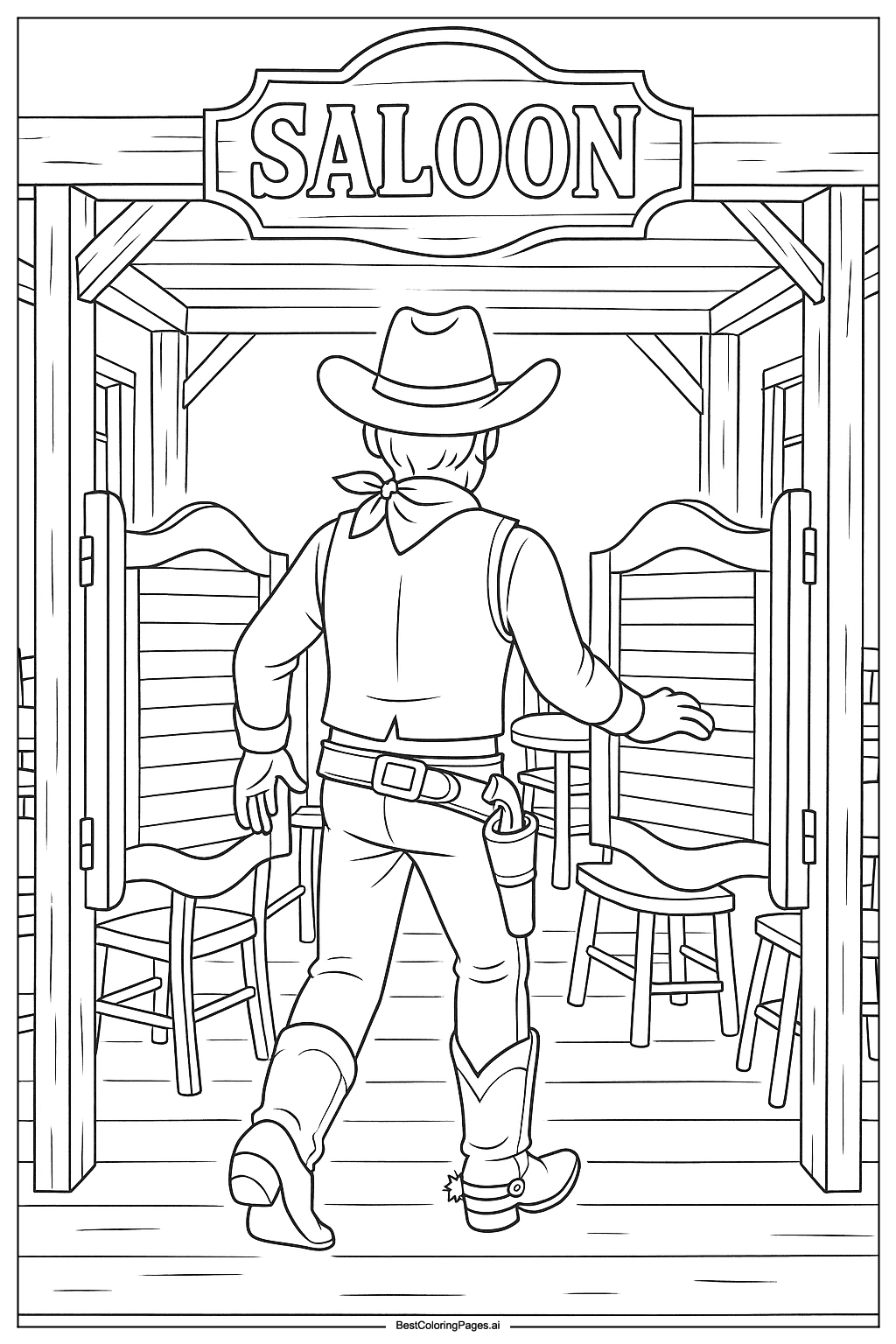 Cowboy at saloon Coloring Page