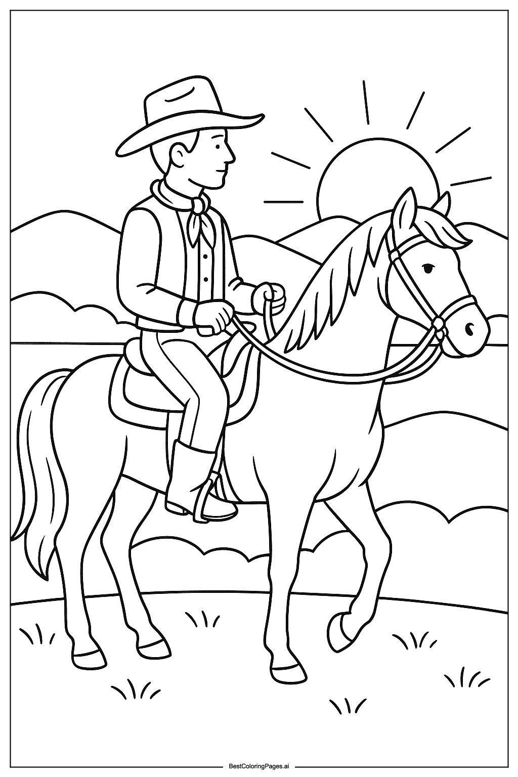 Cowboy at sunset Coloring Page