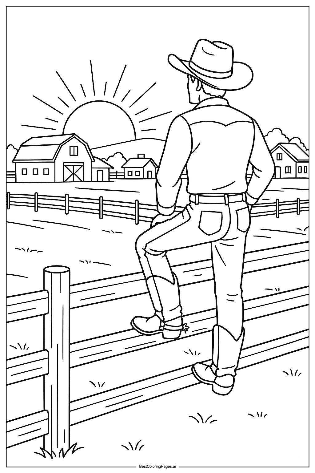 Cowboy at sunset on ranch Coloring Page