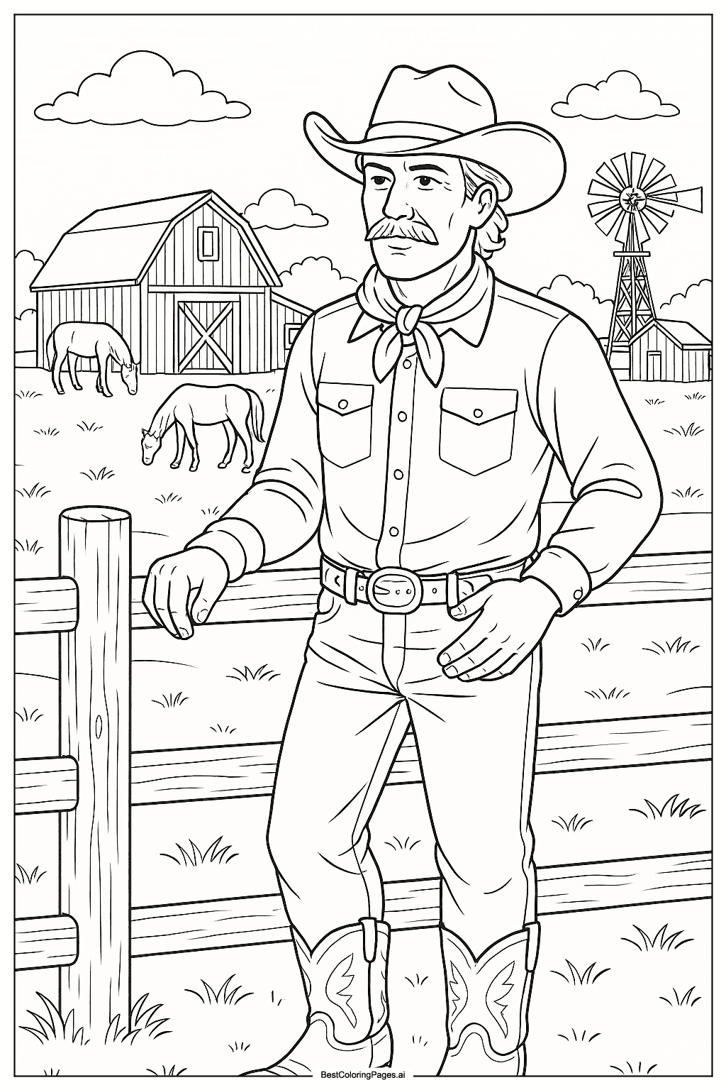 Cowboy at sunset ranch Coloring Page