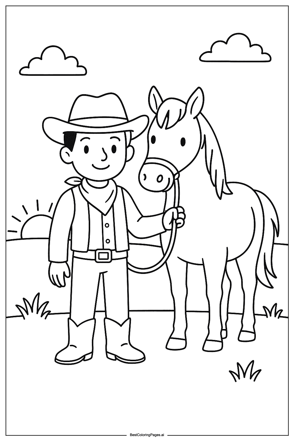 Cowboy at sunset Coloring Page