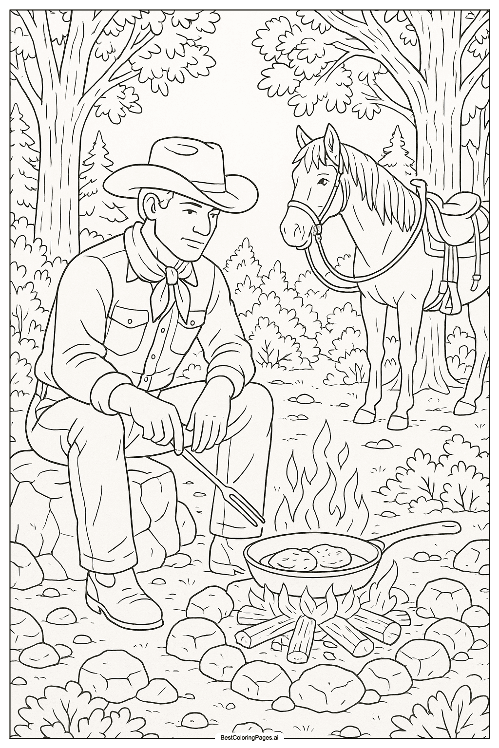 Cowboy campfire scene Coloring Page