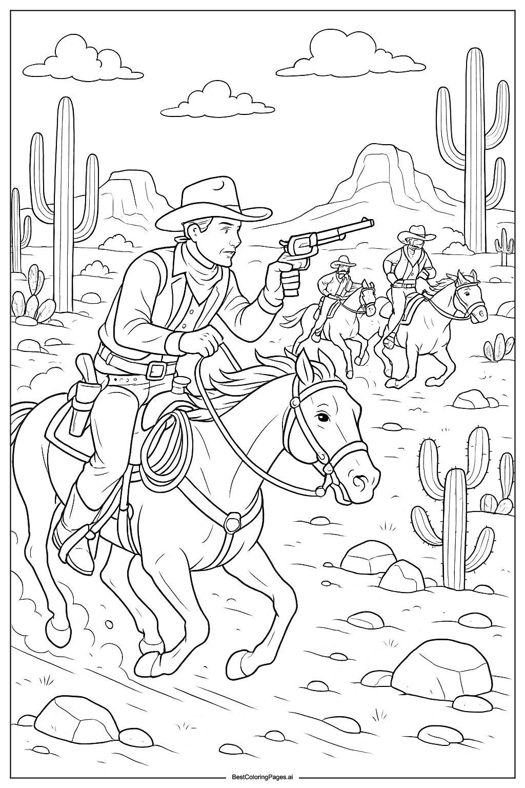 Cowboy chasing bandits Coloring Page
