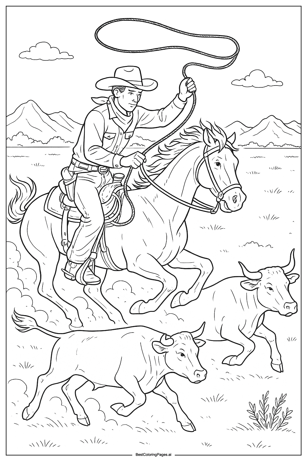 Cowboy chasing cattle Coloring Page