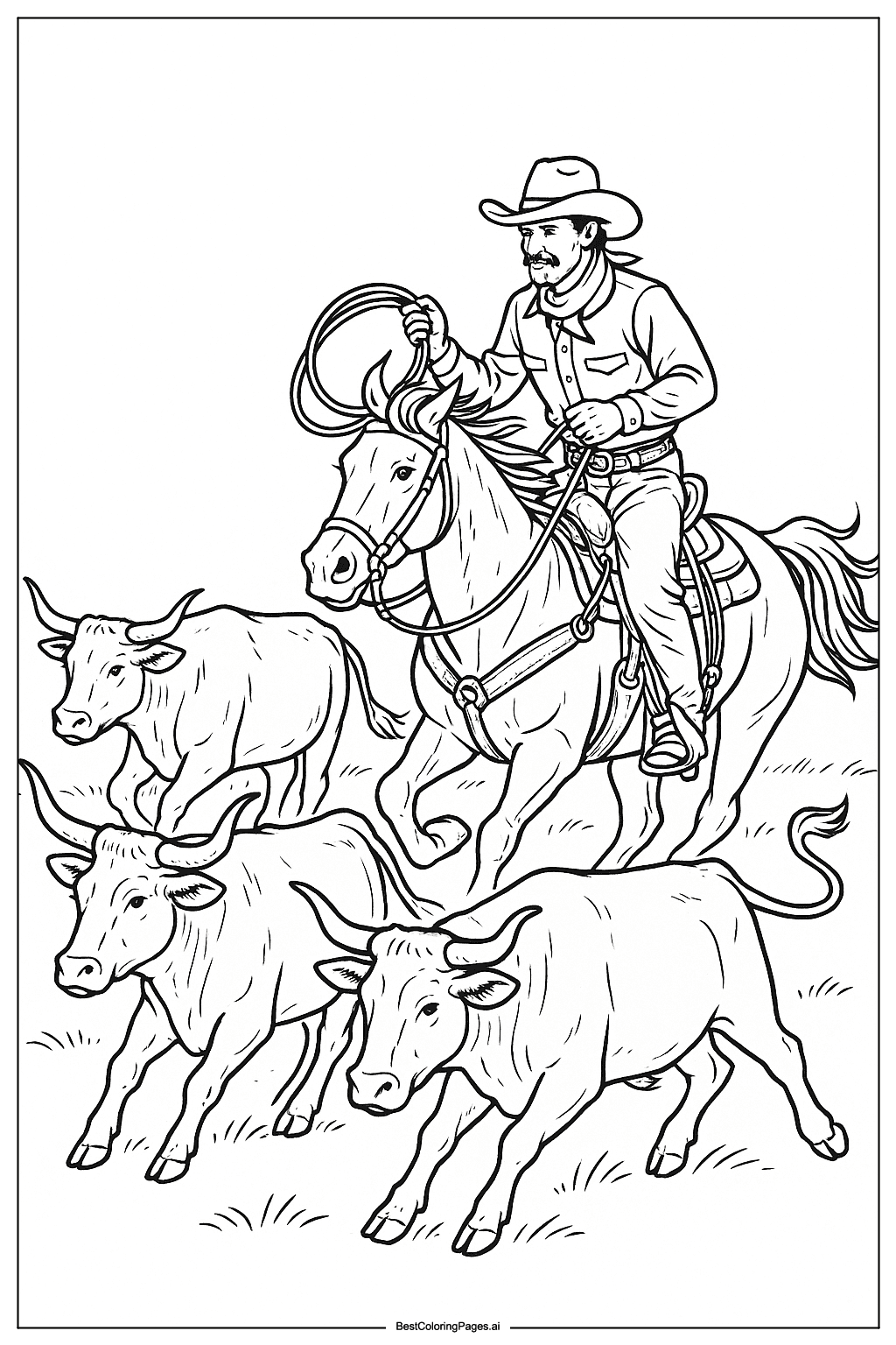 Cowboy chasing cattle Coloring Page