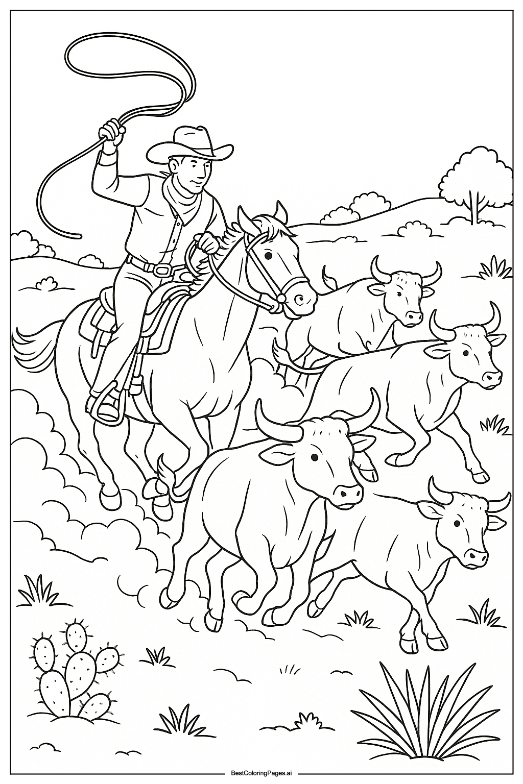 Cowboy chasing cattle Coloring Page
