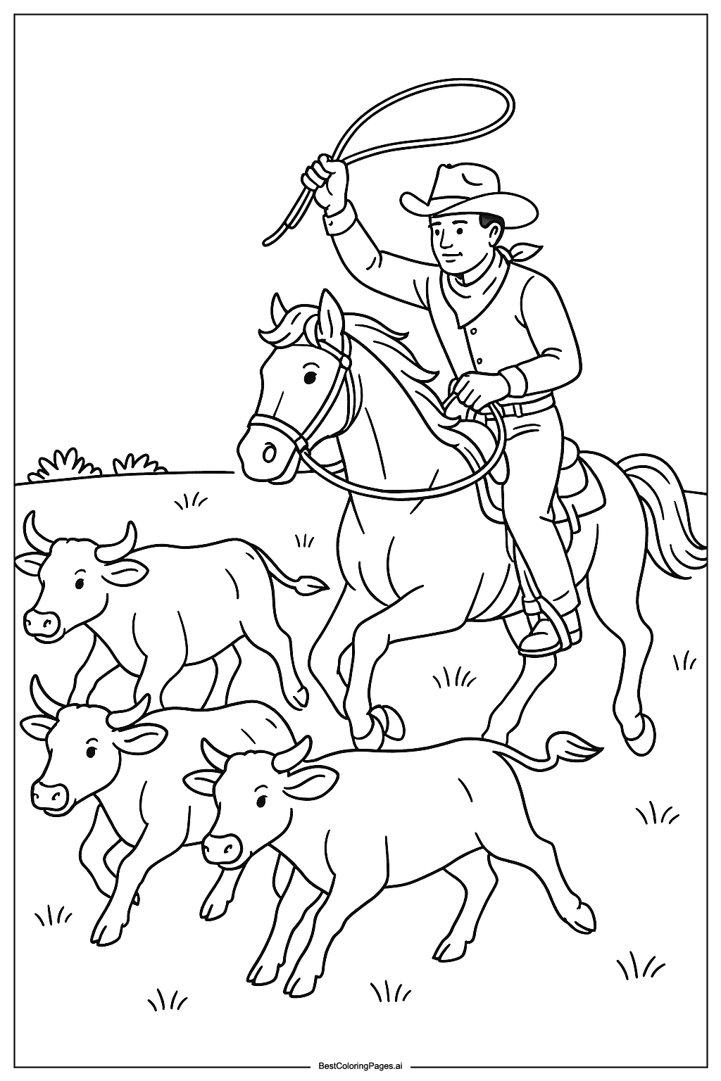 Cowboy chasing cattle Coloring Page