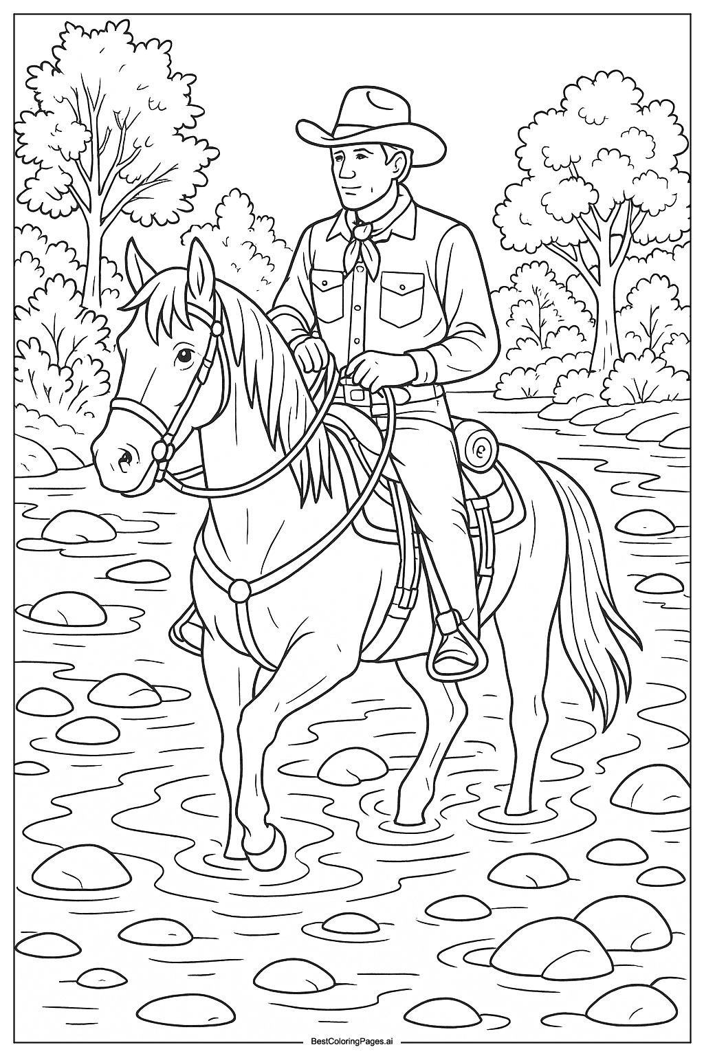 Cowboy crossing a river Coloring Page