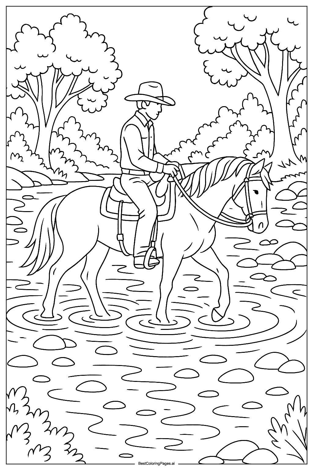 Cowboy crossing river Coloring Page