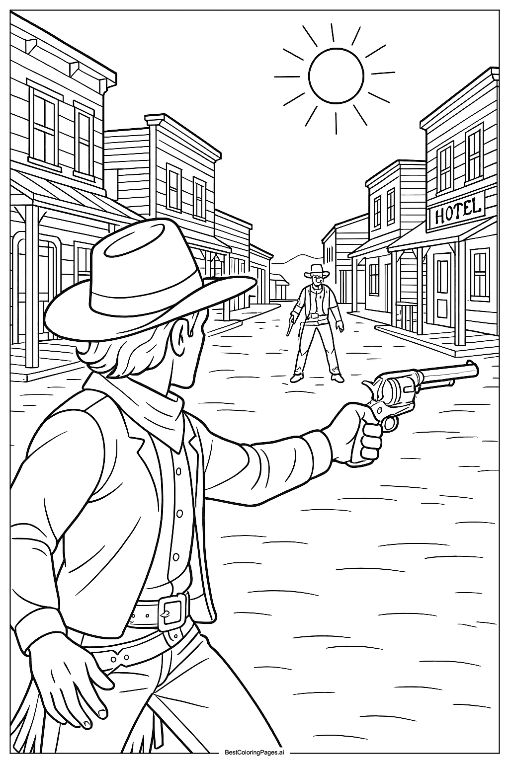Cowboy duel at noon Coloring Page