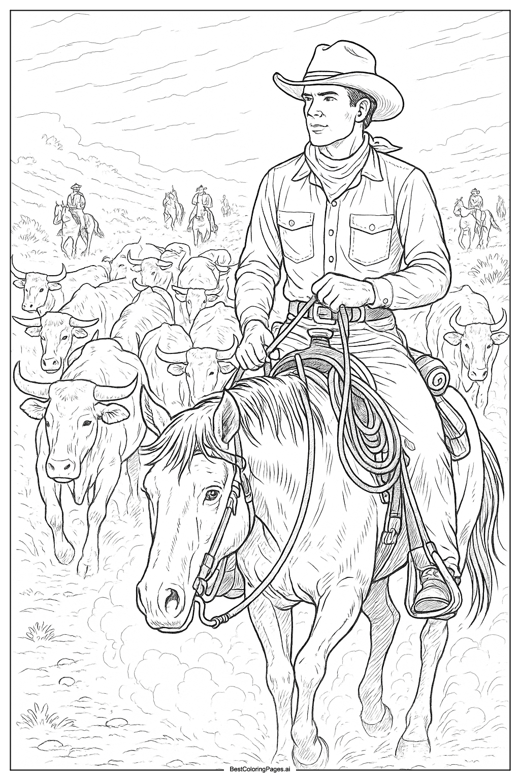 Cowboy during a cattle drive Coloring Page