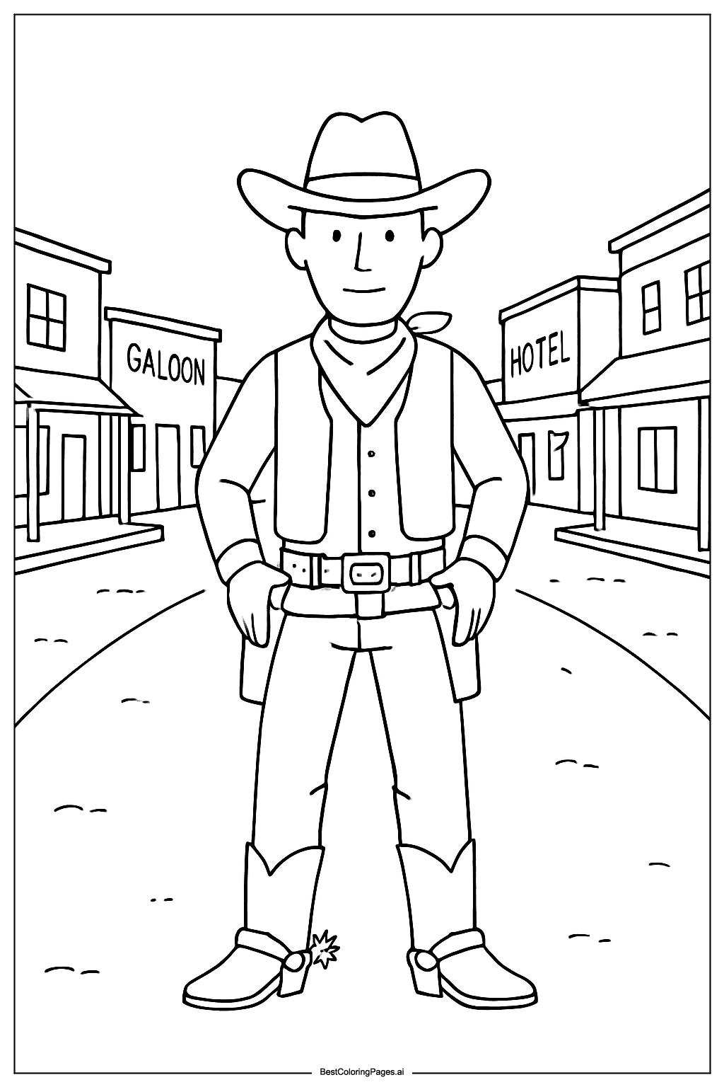 Cowboy in a small town Coloring Page