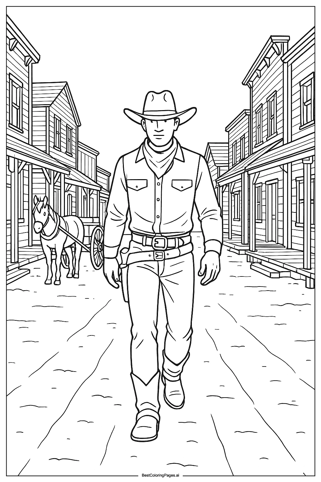 Cowboy in a town street Coloring Page