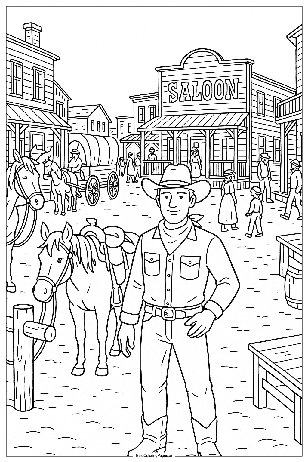cowboy in wild west town Coloring Page