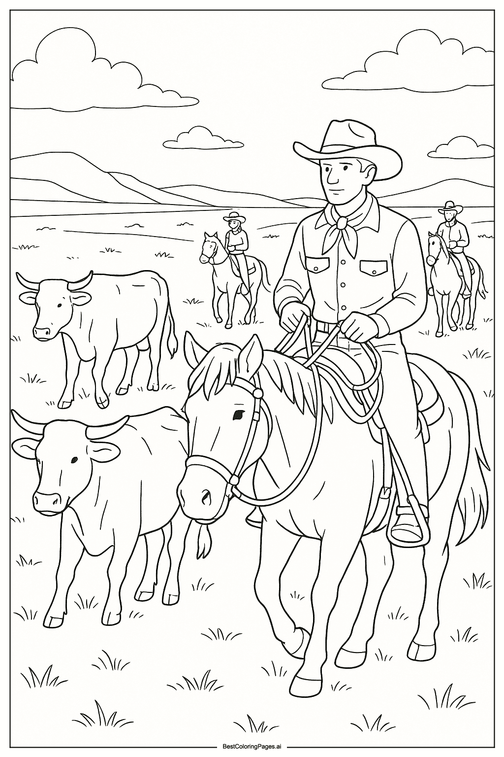 cowboy leading cattle drive Coloring Page