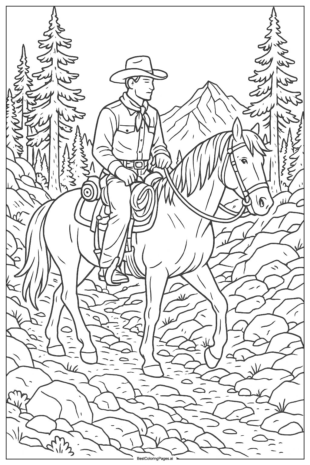 Cowboy on a mountain trail Coloring Page