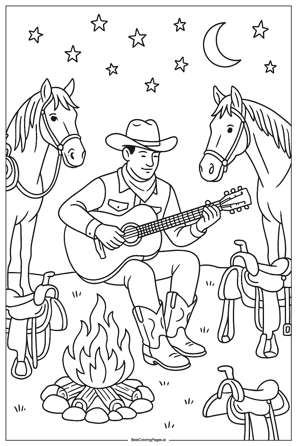 cowboy playing guitar at camp Coloring Page