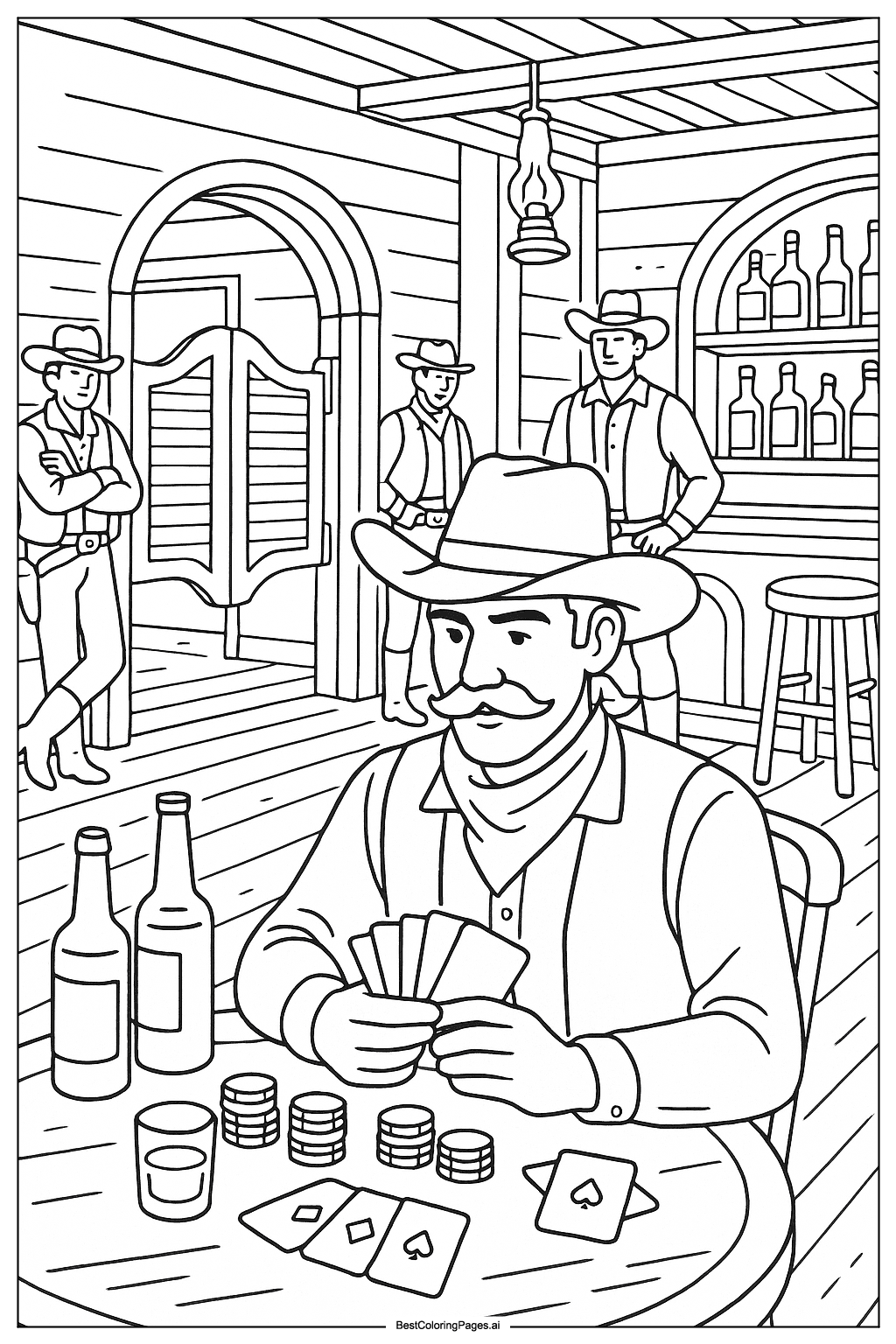 Cowboy saloon poker game Coloring Page
