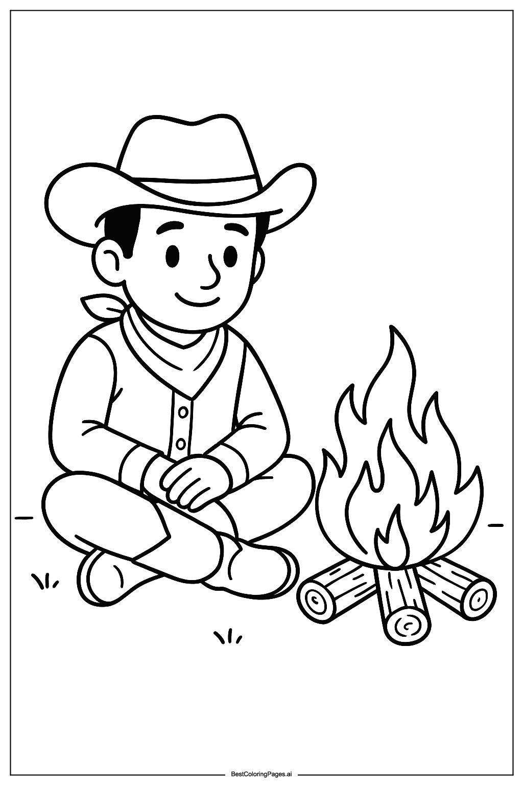 Cowboy sitting by campfire Coloring Page