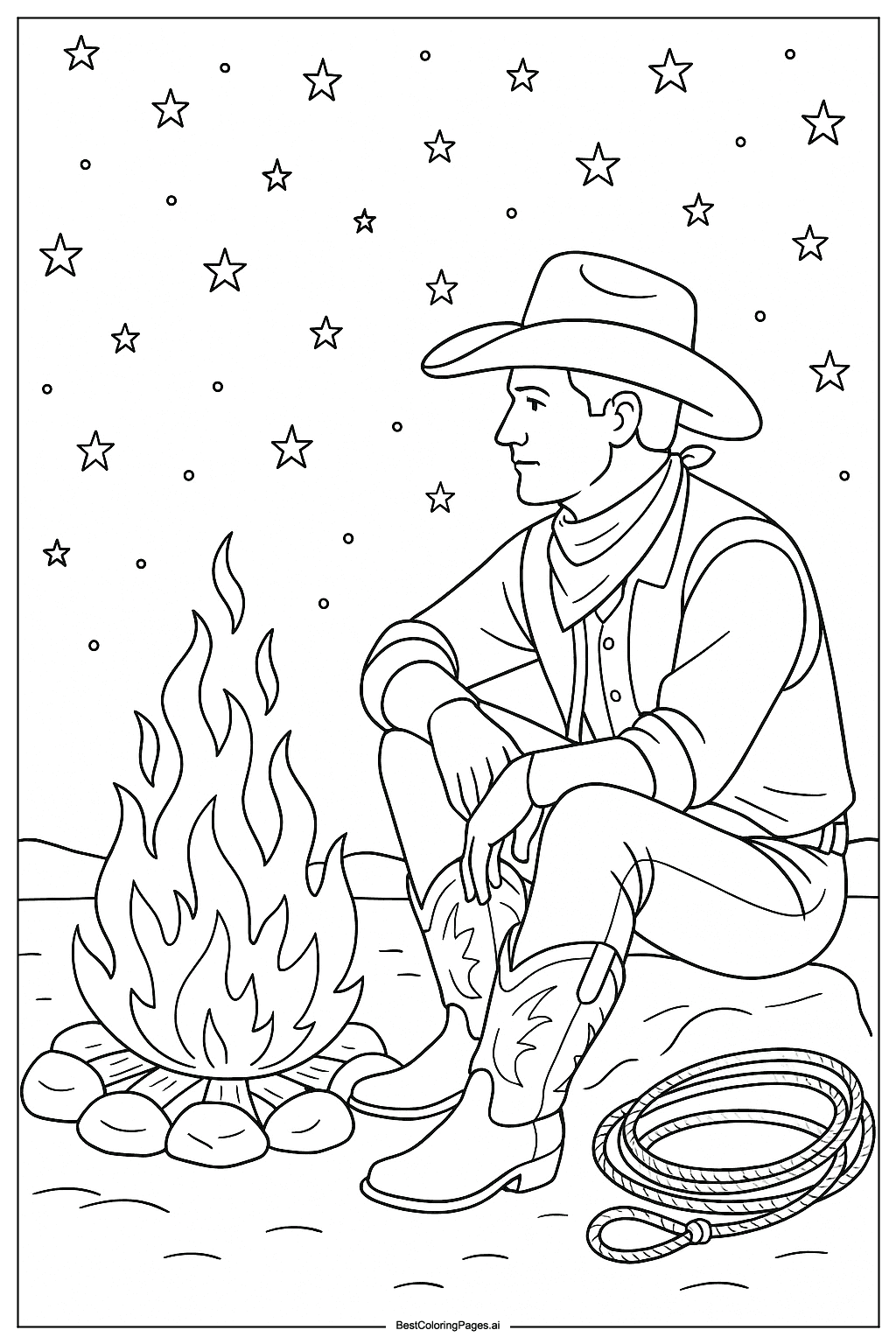 Cowboy under starry sky Coloring Page