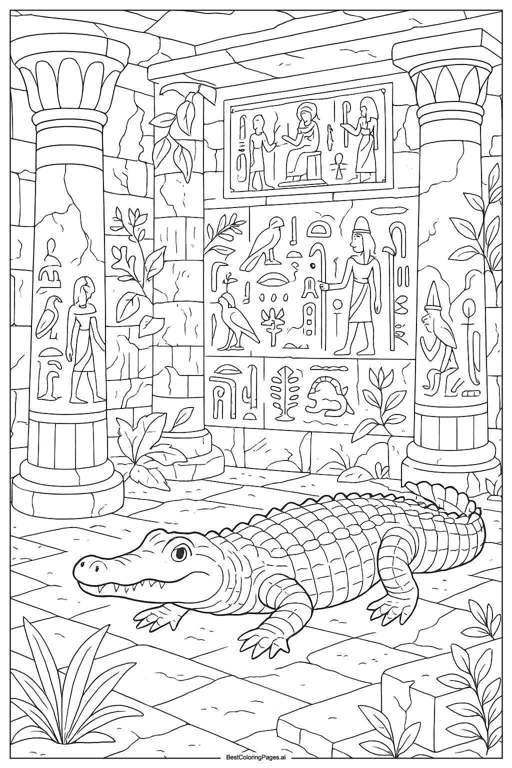 Crocodile and ancient temple Coloring Page