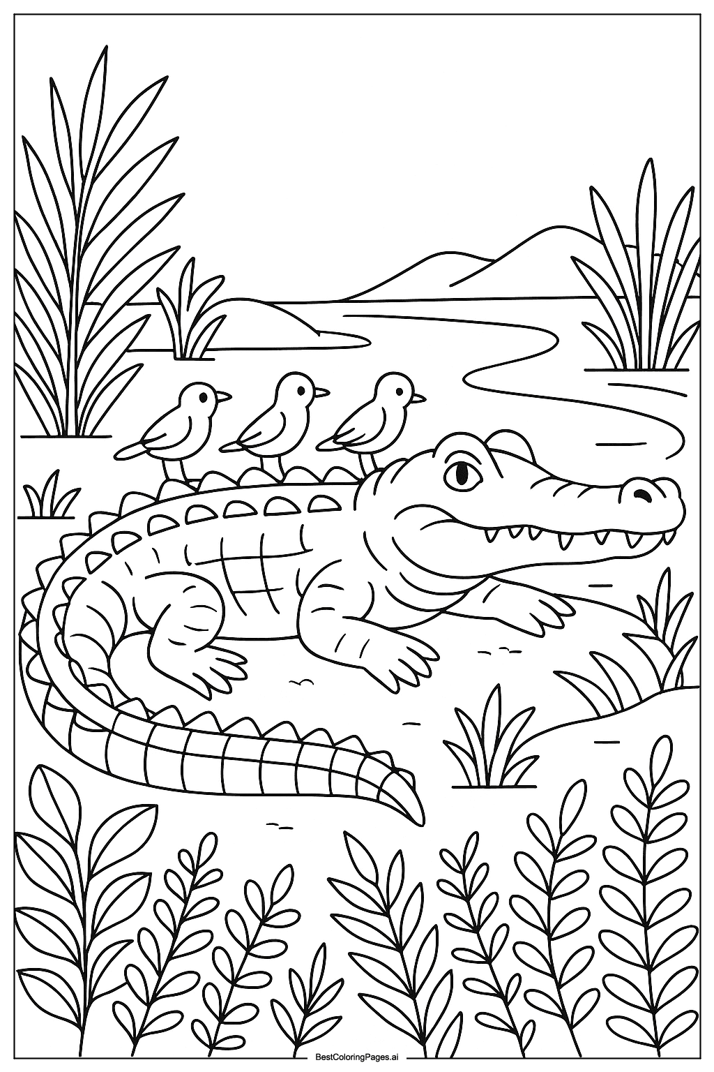 Crocodile and birds Coloring Page