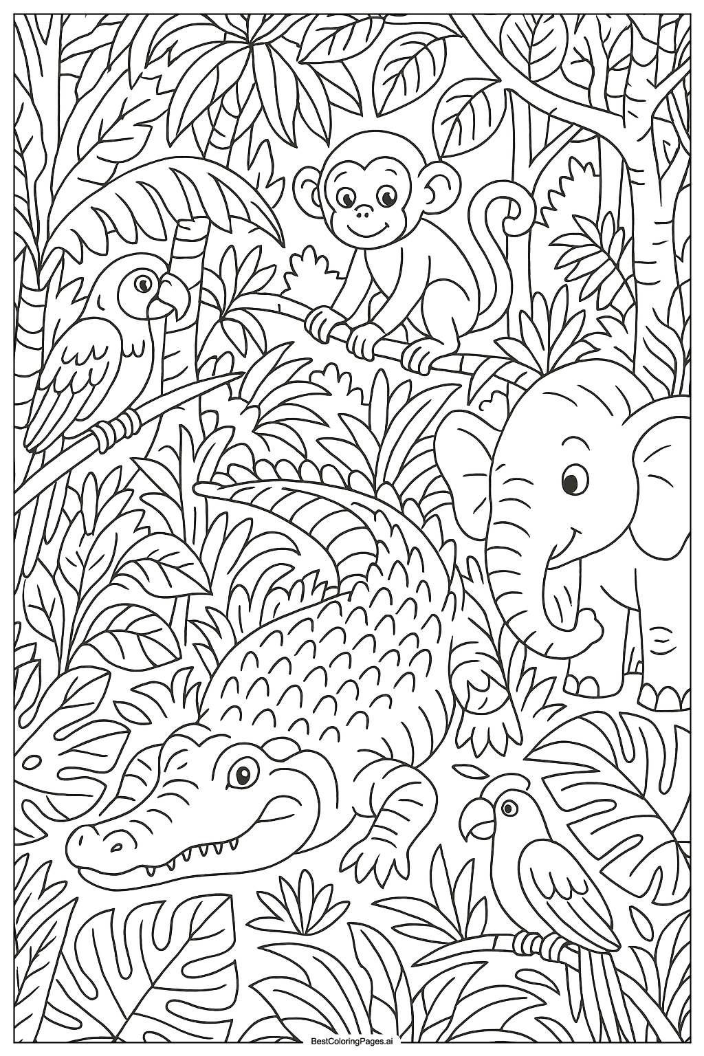 Crocodile and jungle animals Coloring Page