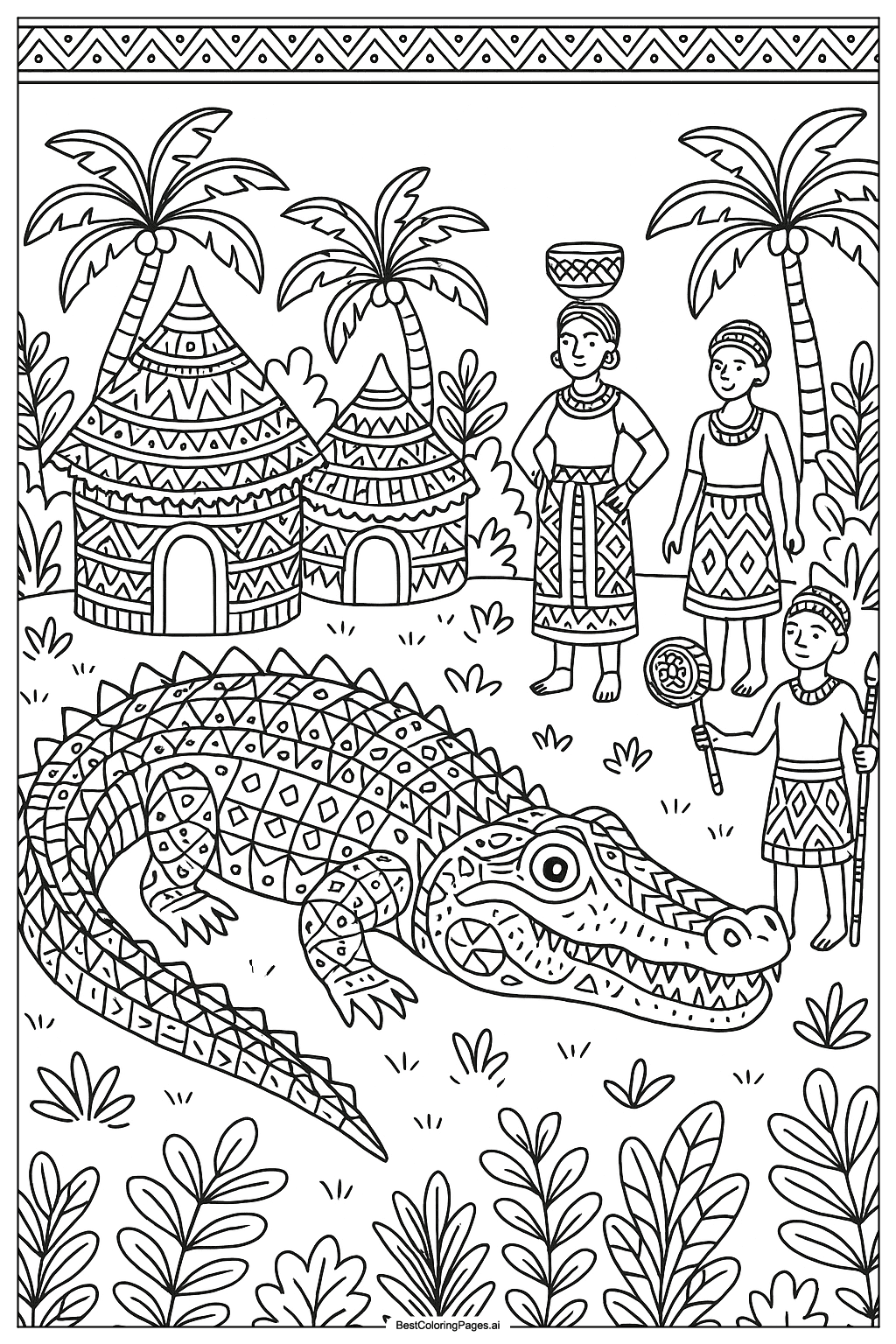 Crocodile and tribal village Coloring Page