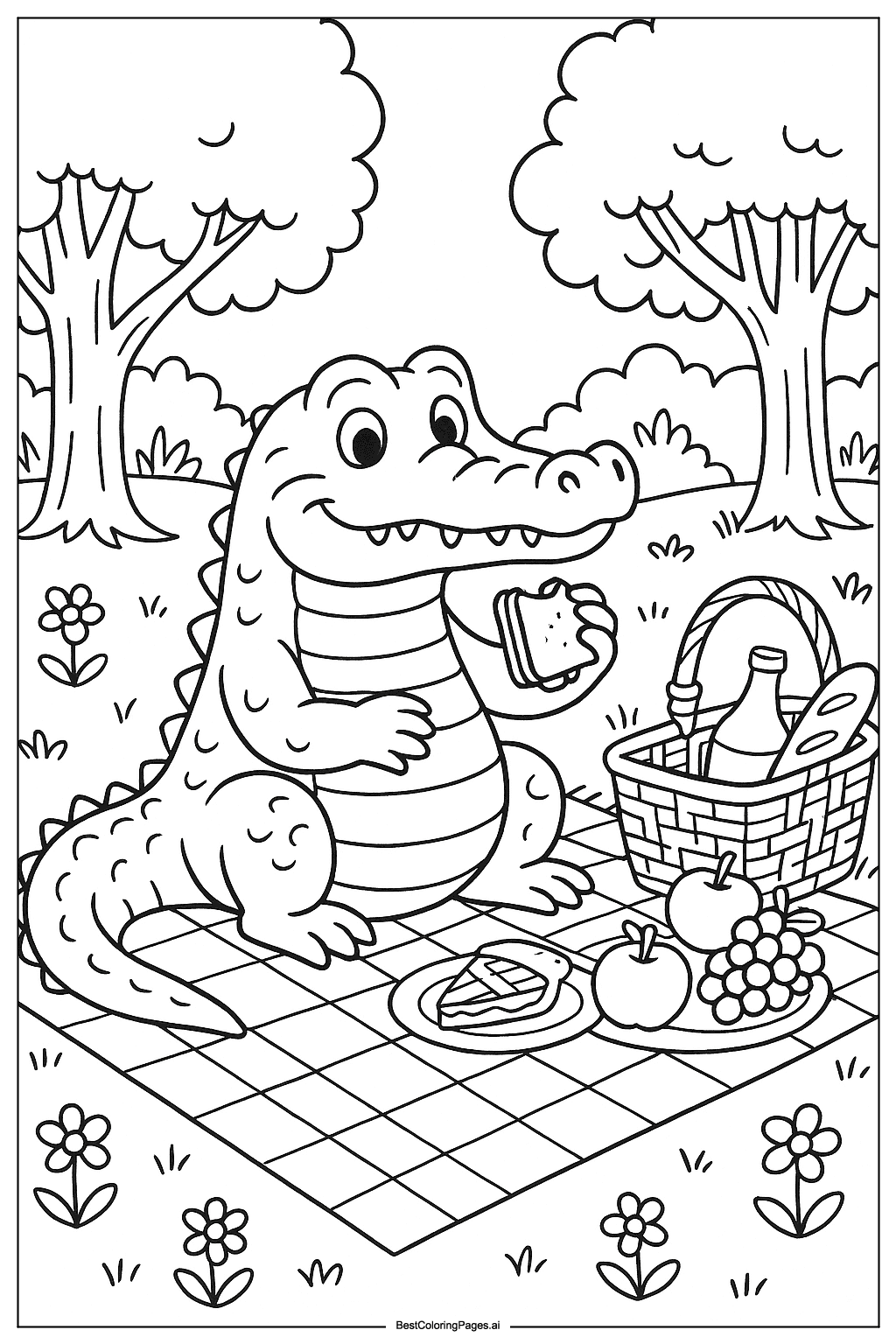 Crocodile at picnic Coloring Page