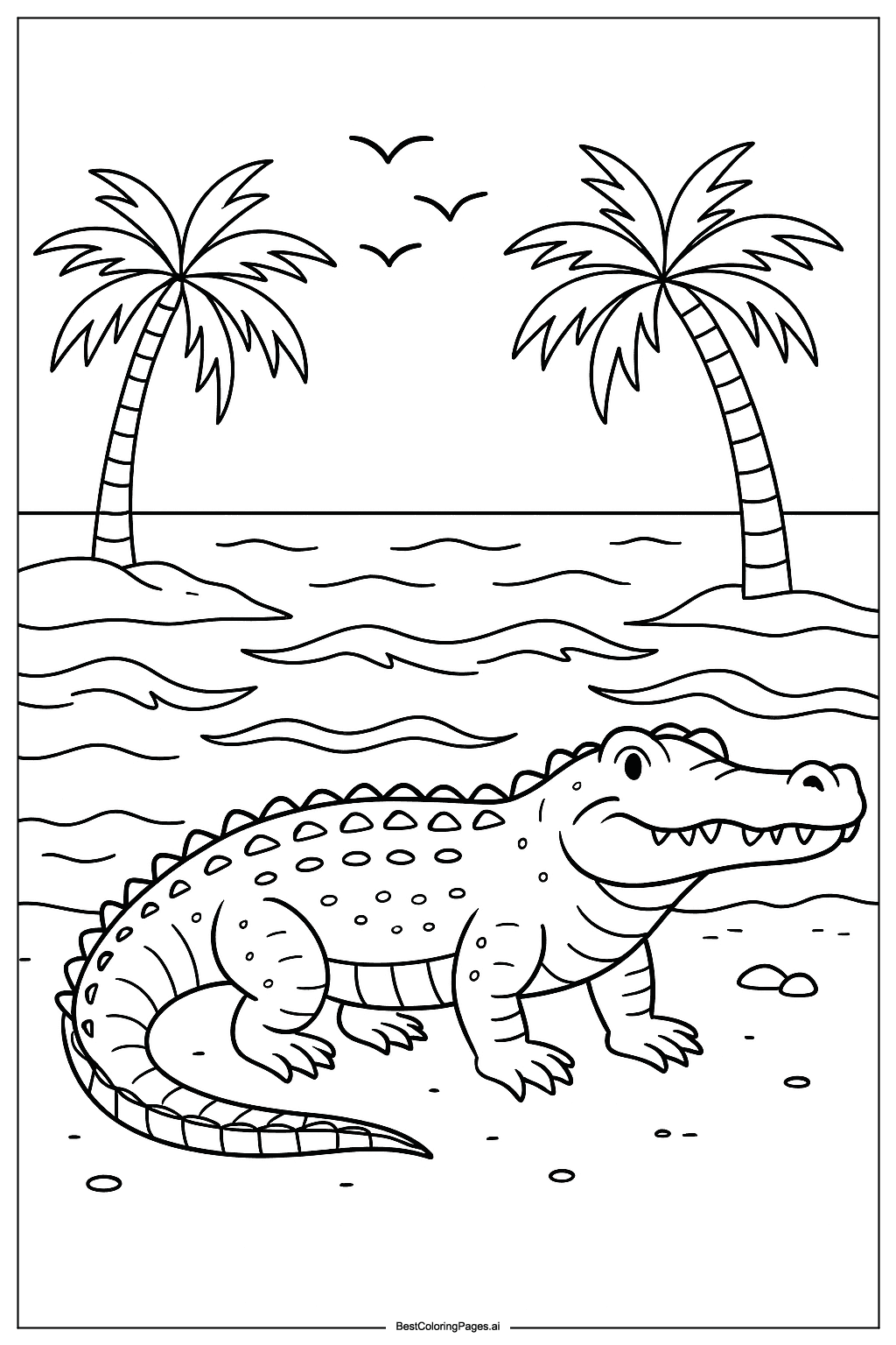 Crocodile at sunset shore Coloring Page