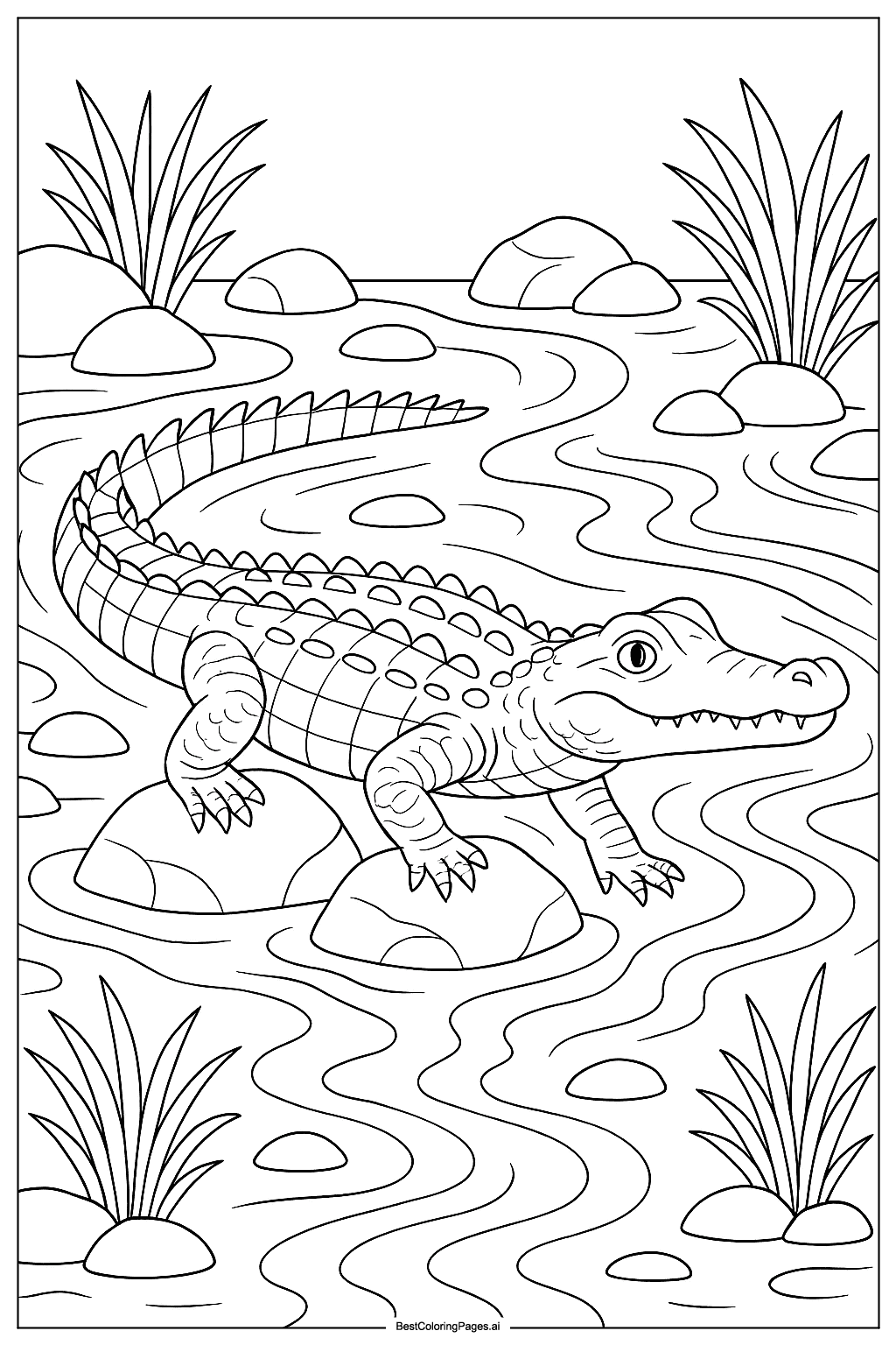Crocodile crossing river Coloring Page